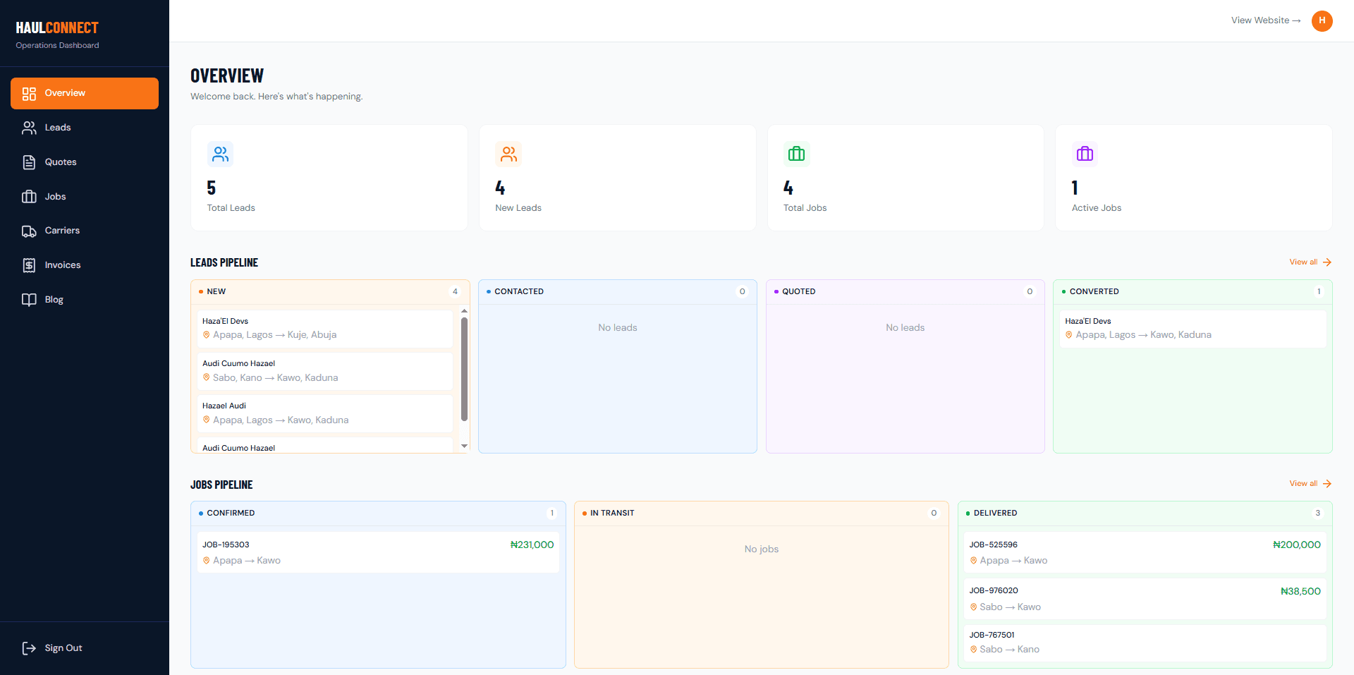 HaulConnect operations dashboard showing dual kanban pipeline for leads and jobs