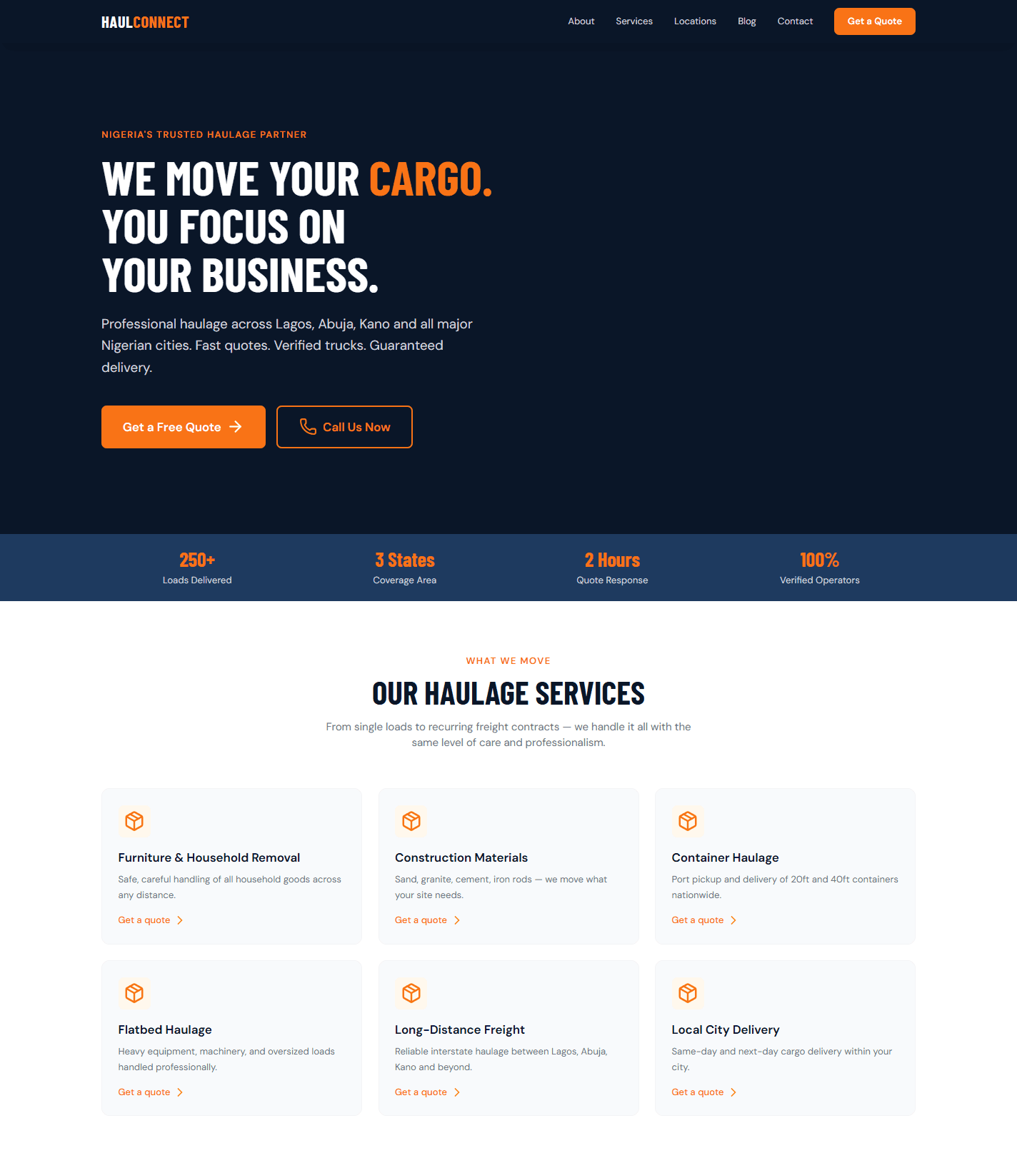 HaulConnect public website — logistics company homepage
